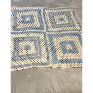 Granny Square Afghan Baby Lap Blanket Pastel Pink Blue  Hand Crocheted 35" x 35"